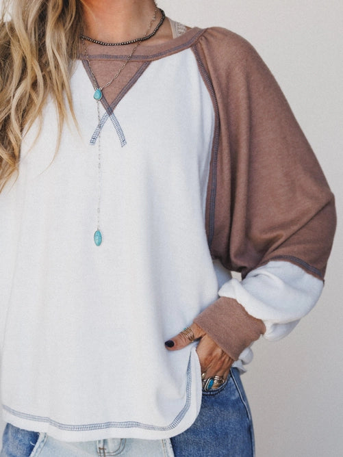 Jules Contrast Pullover Top - Off White Mocha