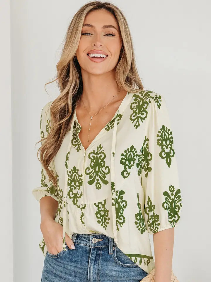 Boho Abstract Tie V-Neck Puff Sleeve Shirt