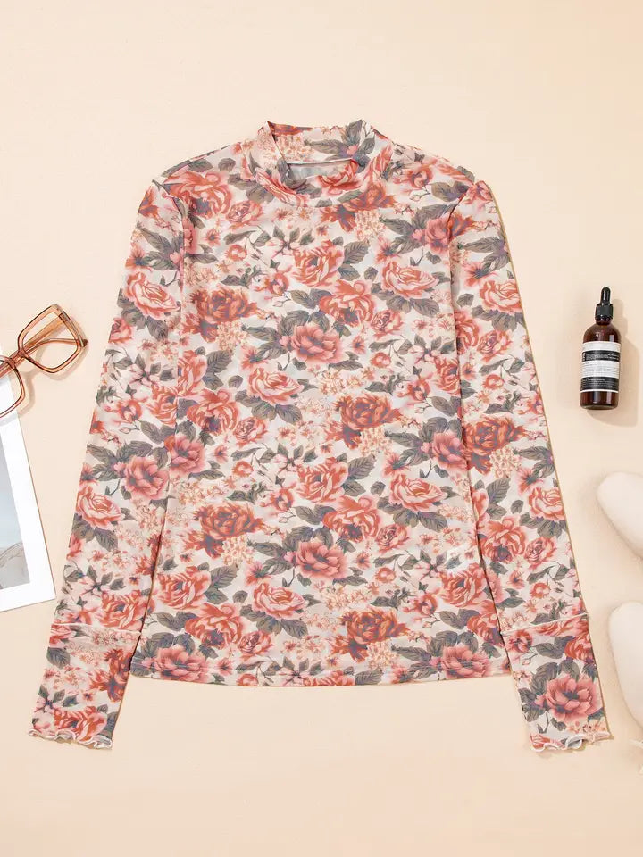 Floral Mesh Mock Neck Long Sleeve Top