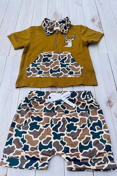 Western Deer Embroidery Top Shorts Boy Set
