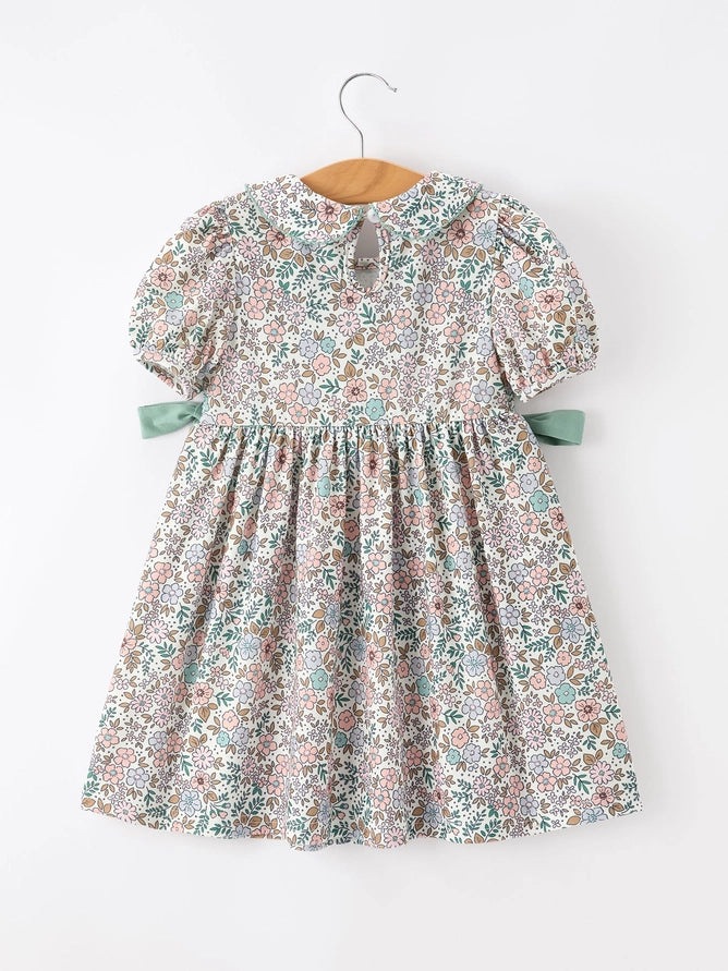 Sage Green Bow Floral Smocked Girl Dress
