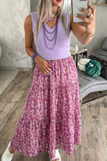 Purple Ribbed V Neck Tank Floral Contrast Patchwork Long Dress