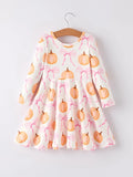 Fall Pumpkin Bow Print Long Sleeve Dress