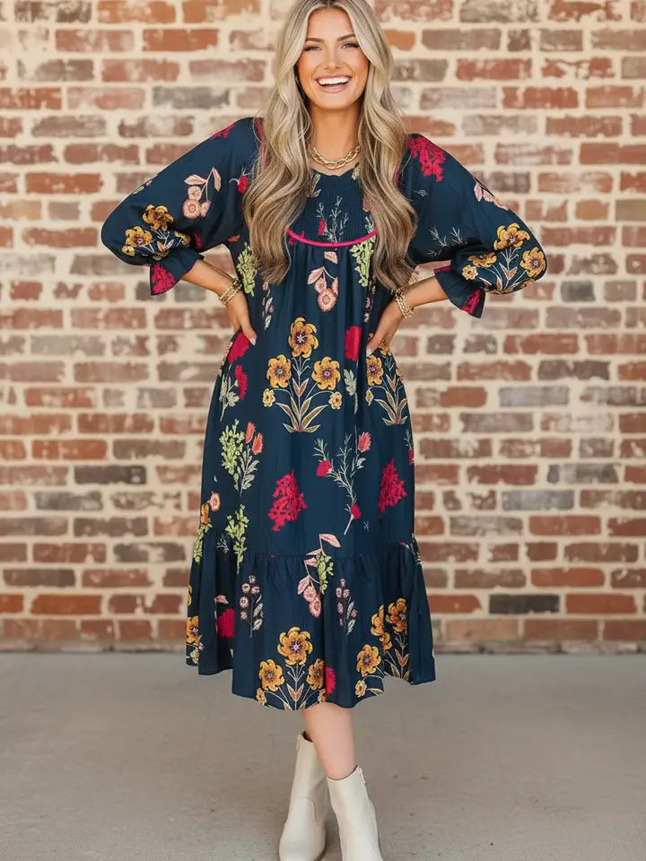 Floral Smocked 3/4 Sleeve Midi Dress
