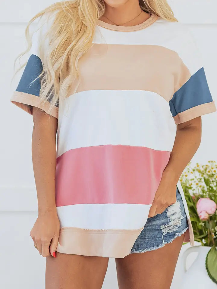 Multicolour Colorblock Side Split Tunic T Shirt
