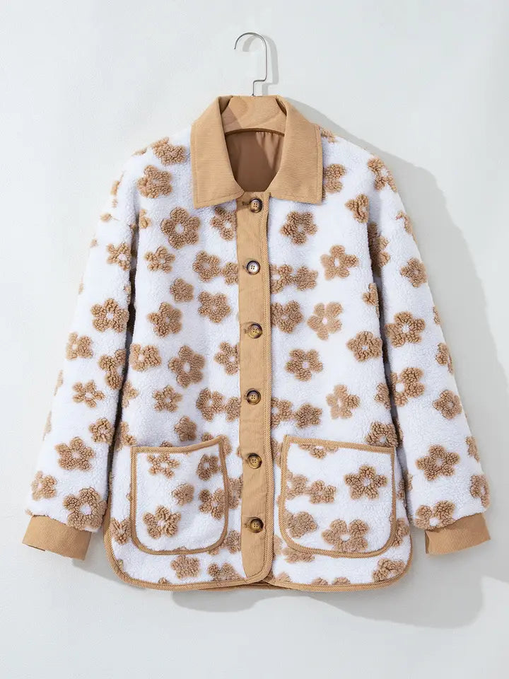 Light French Beige Cute Flower Pattern Button Up Fleece Jacket