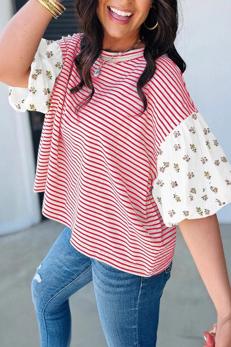 Stripe Floral Puff Sleeve Patchwork Round Neck Top