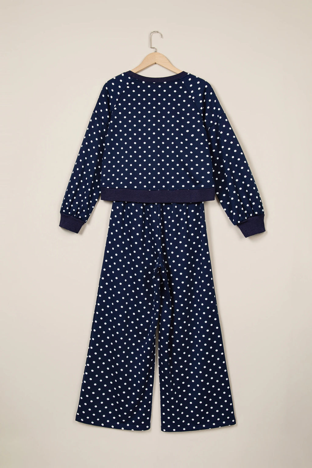 Polka Dot Drawstring Wide Leg Long Sleeve Top Pant Set