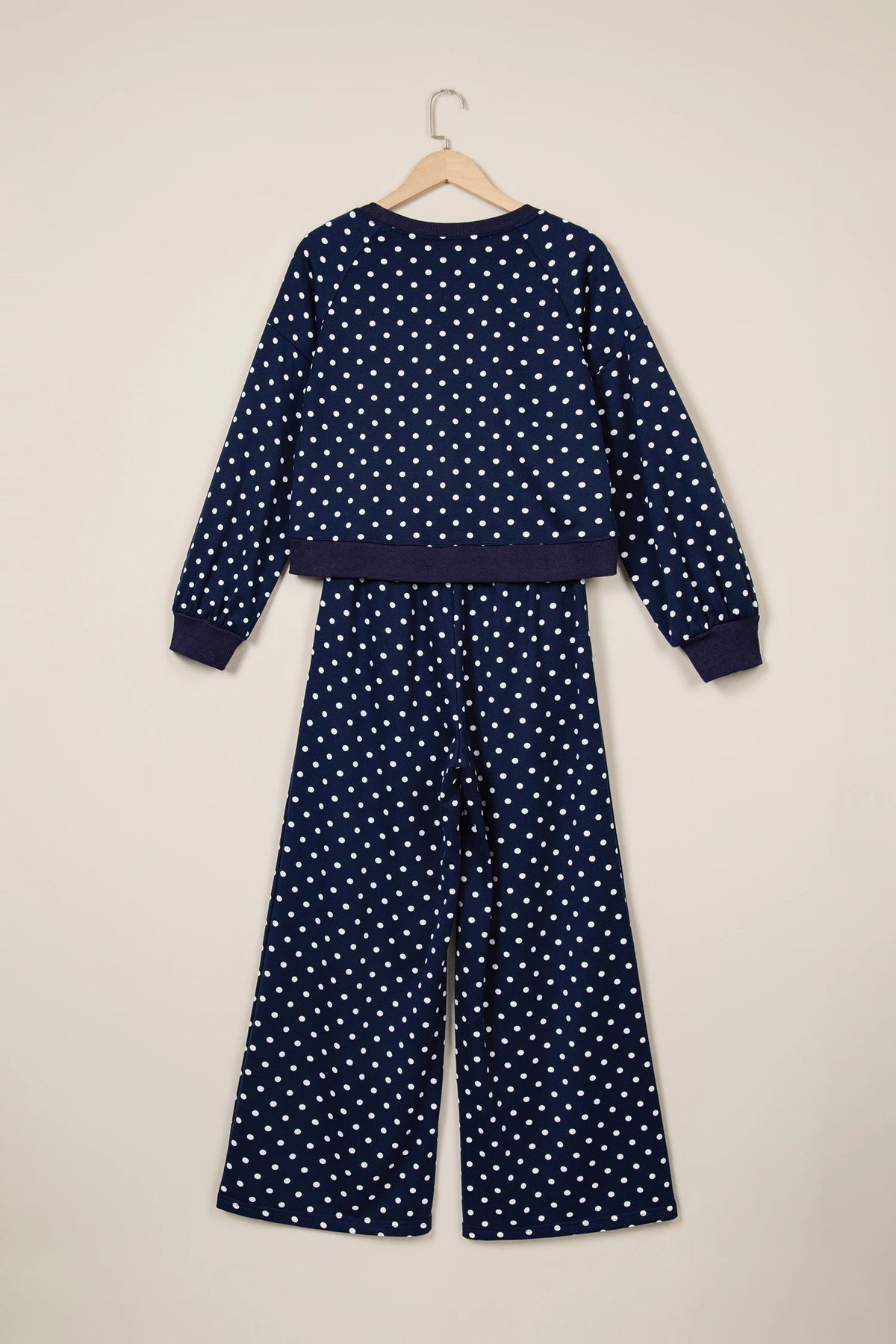 Polka Dot Drawstring Wide Leg Long Sleeve Top Pant Set