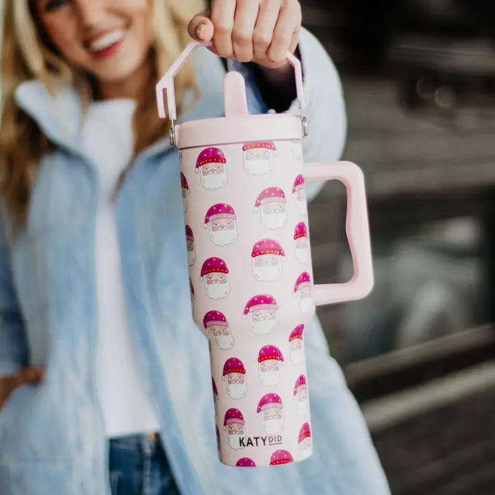 Pink Santas Wholesale 38oz Christmas Tumbler with Lid Handle