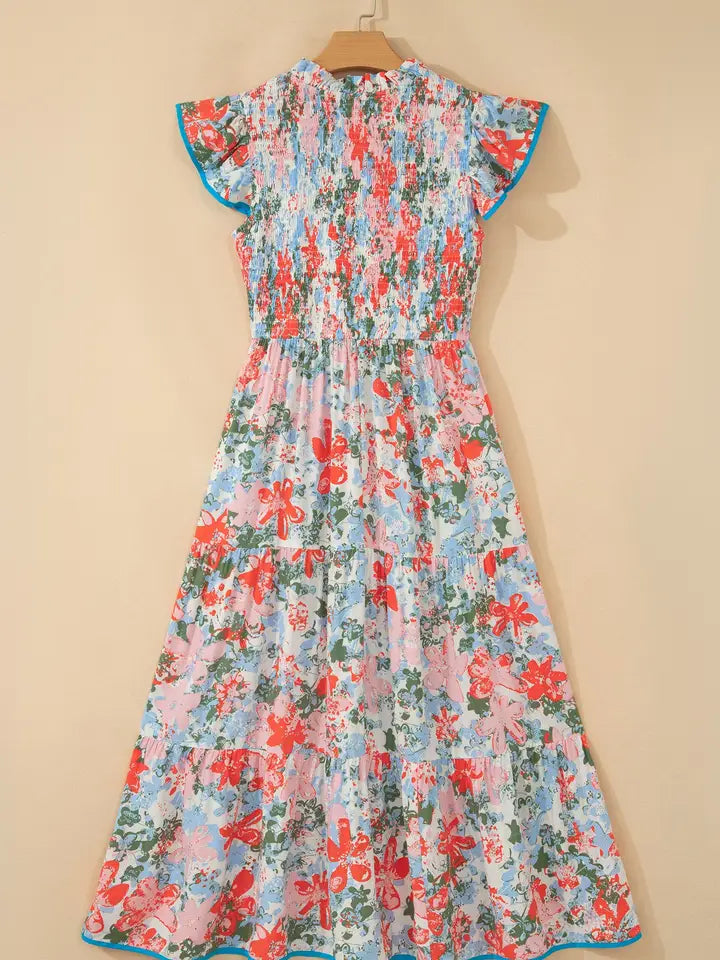 Floral Contrast Trim V-Neck Flutter Sleeve Maxi Dress