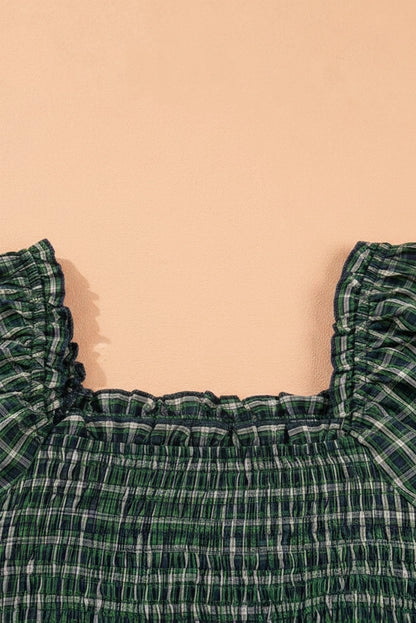 Plaid Square Neck Shirred Ruffle Hem Dress