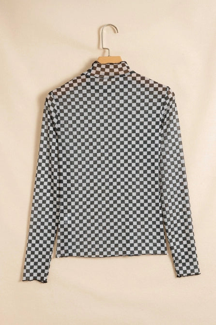 Plaid Stand Neck Long Sleeve Mesh Layering Top