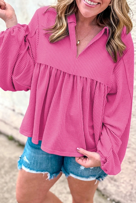 Corded Turn-Down V Neck Bubble Sleeve Babydoll Blouse