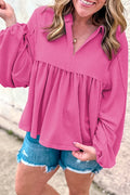 Corded Turn-Down V Neck Bubble Sleeve Babydoll Blouse