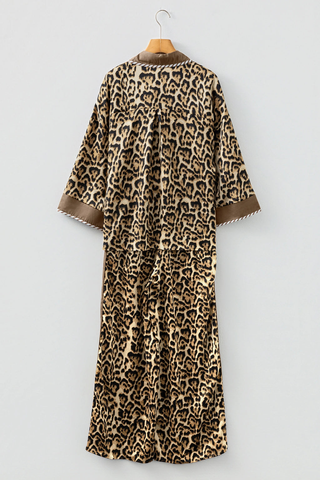 Brown Leopard Collared 3/4 Sleeve Shirt and Loose Pants Pajamas