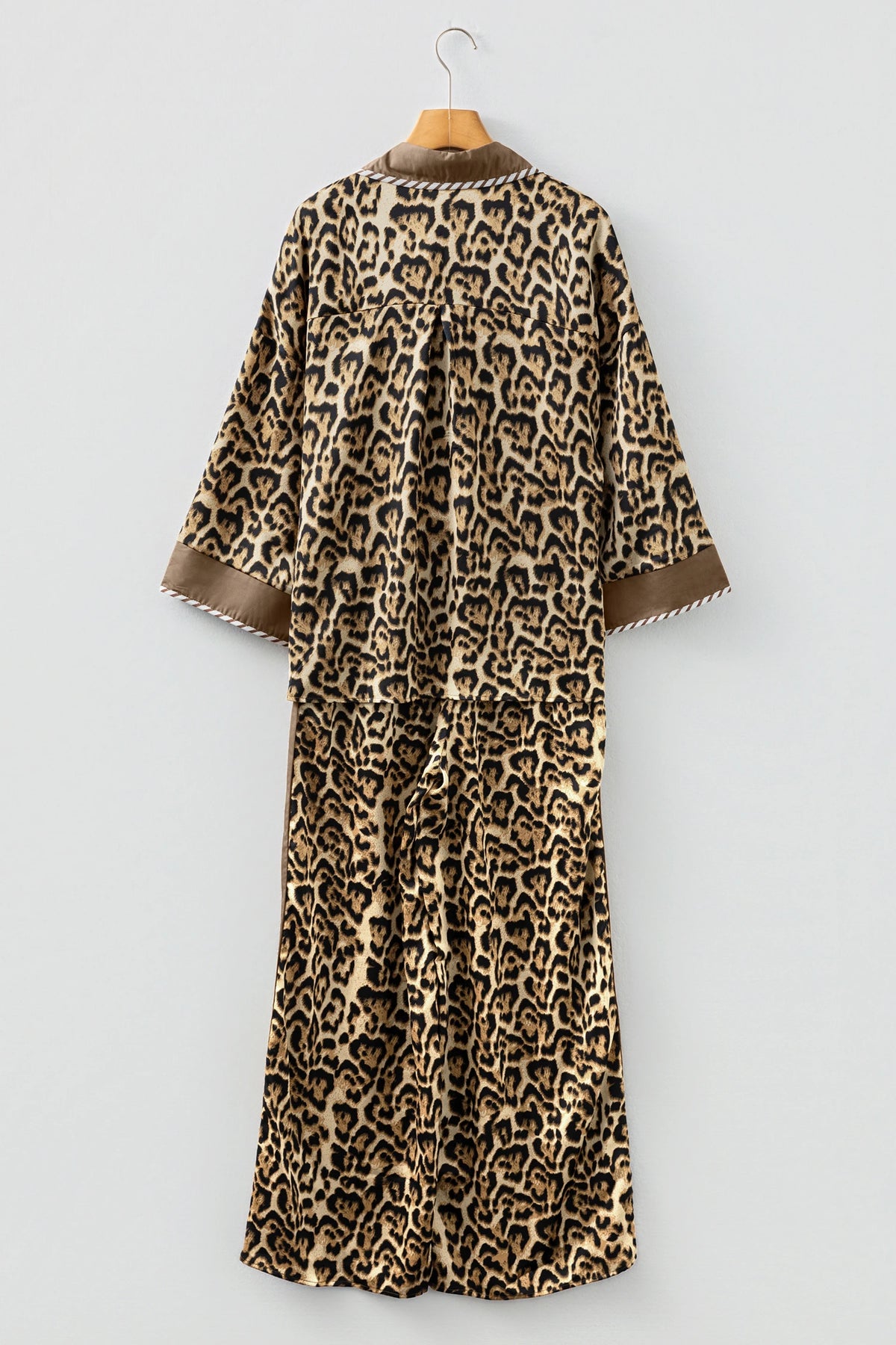 Brown Leopard Collared 3/4 Sleeve Shirt and Loose Pants Pajamas