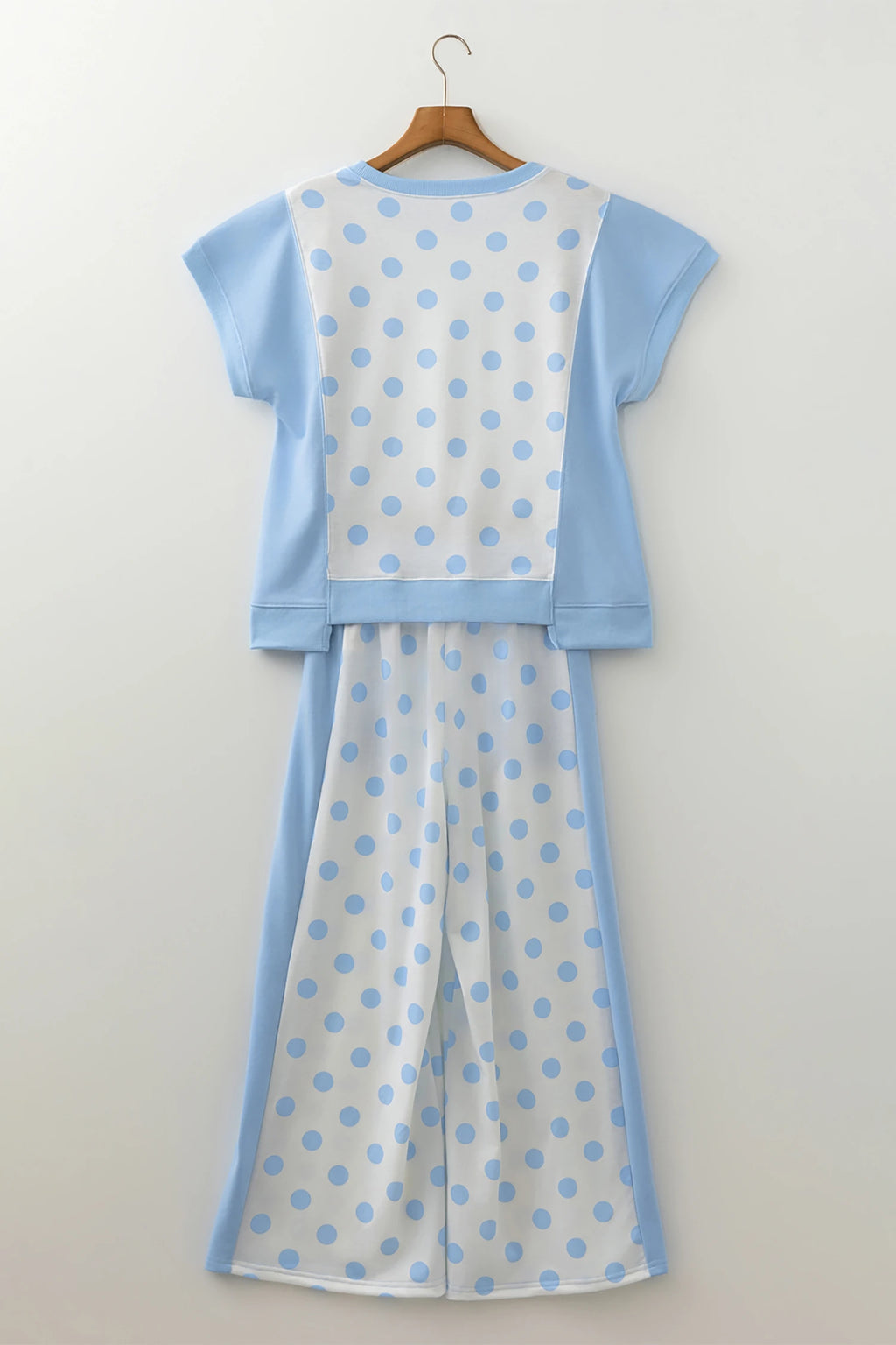 Sky Blue Color Block Patchwork Polka Dot Wide Leg Pant Set