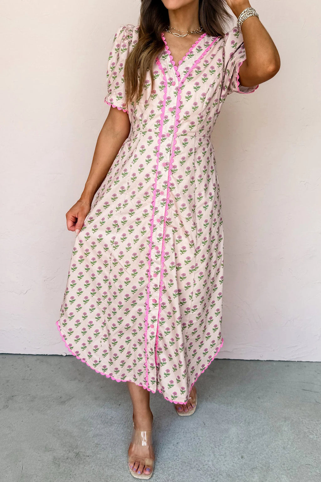 Pink Floral Print V Neck Scallop Long Dress