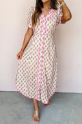 Pink Floral Print V Neck Scallop Long Dress