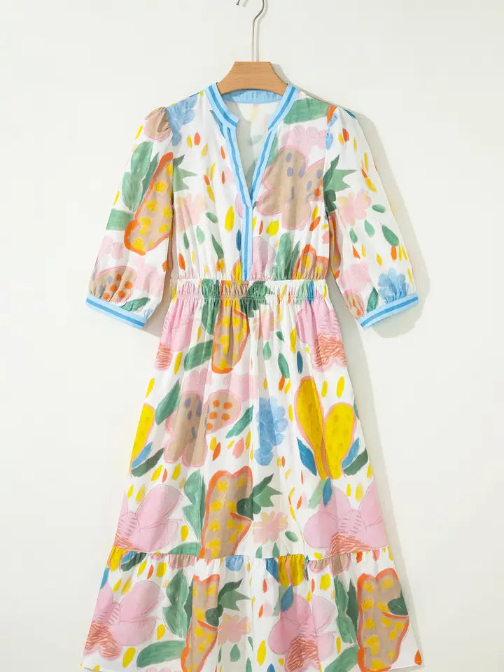 Floral Stripe Trim V-Neck Dress