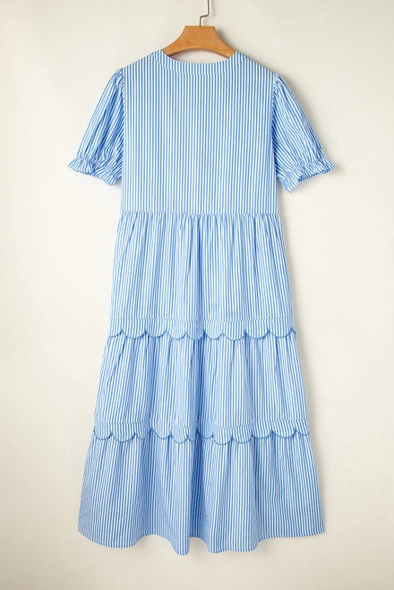 Stripe Bubble Sleeve Tiered Scallop Maxi Dress