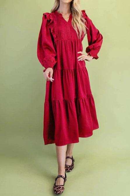 Solid Color Ruffle Trim Long Sleeve Tiered Shift Midi Dress