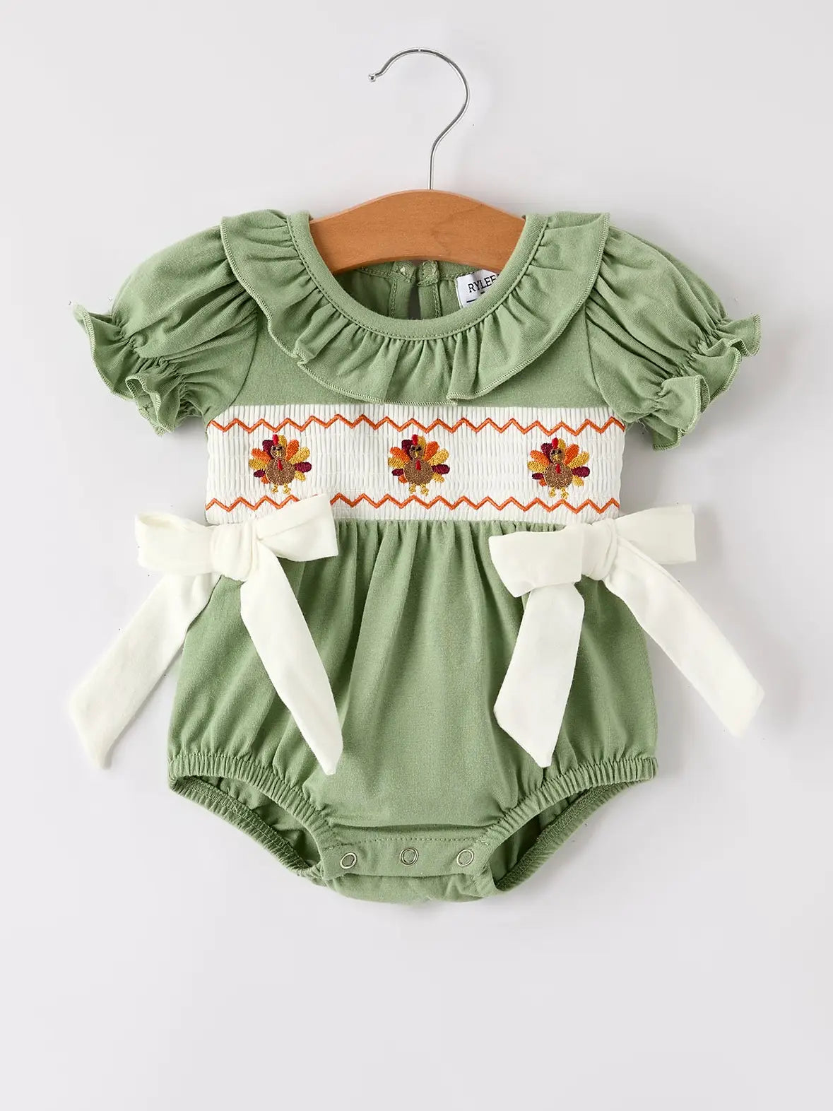 Fall Thanksgiving Bird Smock Embroidered Green Baby Girl Romper