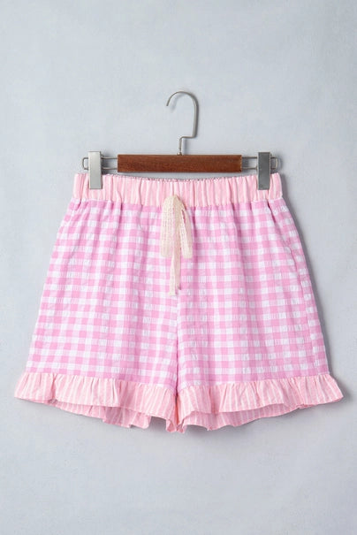 Gingham Print Ruffle Striped Detail Lace Tie Shorts