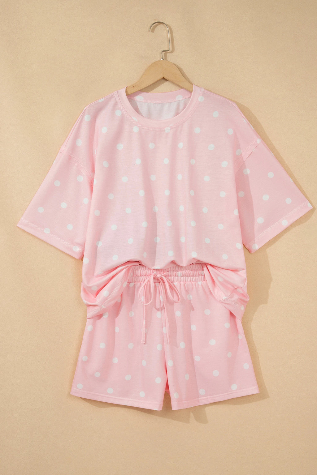 Pink Polka Dot Short Sleeve Loose Top Drawstring Shorts Set