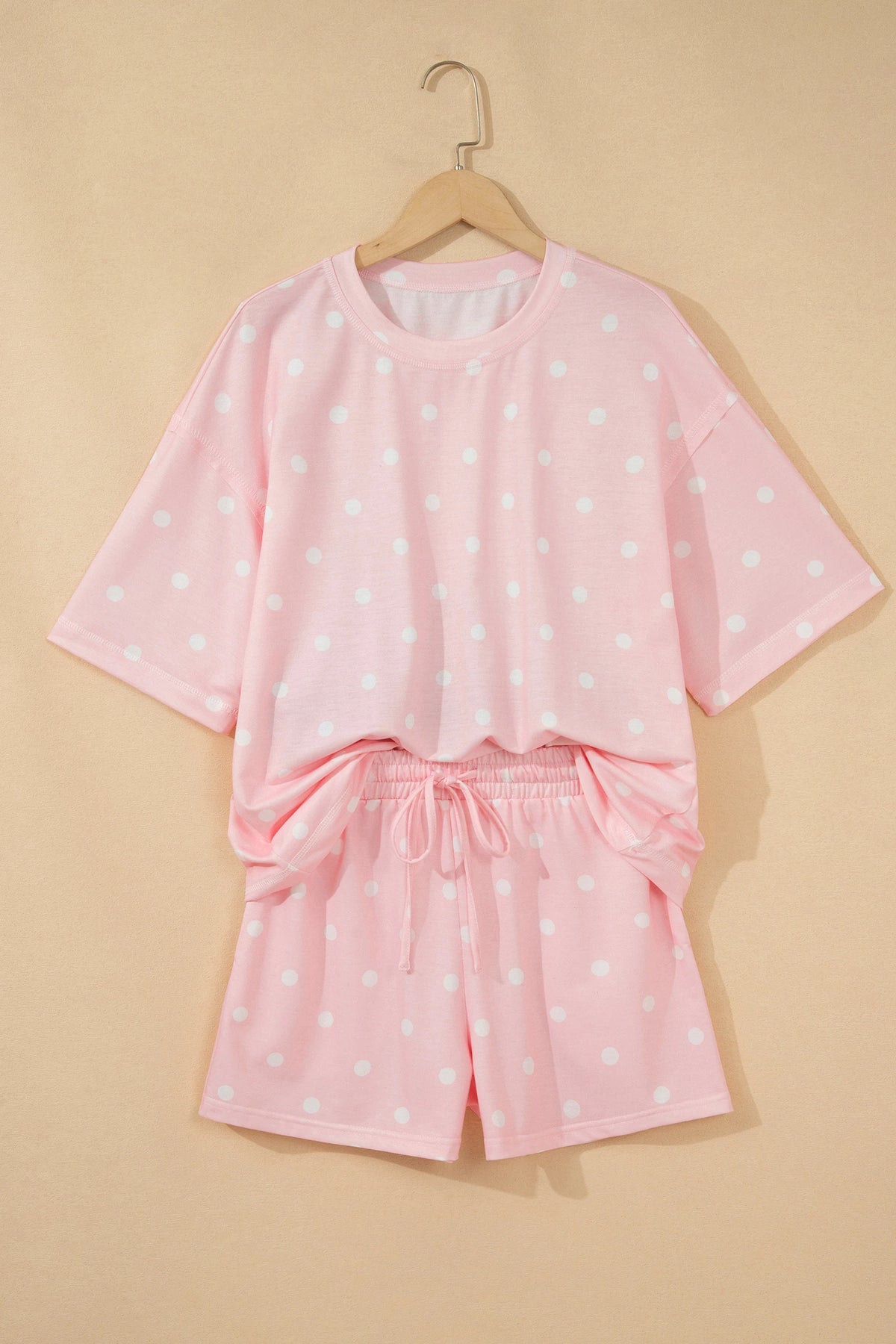 Pink Polka Dot Short Sleeve Loose Top Drawstring Shorts Set