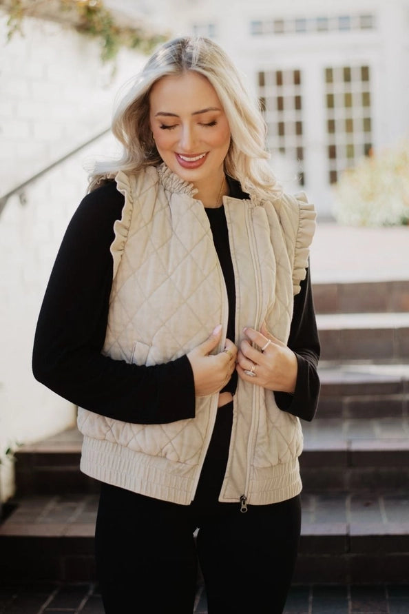 Garment Washed Quilted Ruffle Sleeve Vests