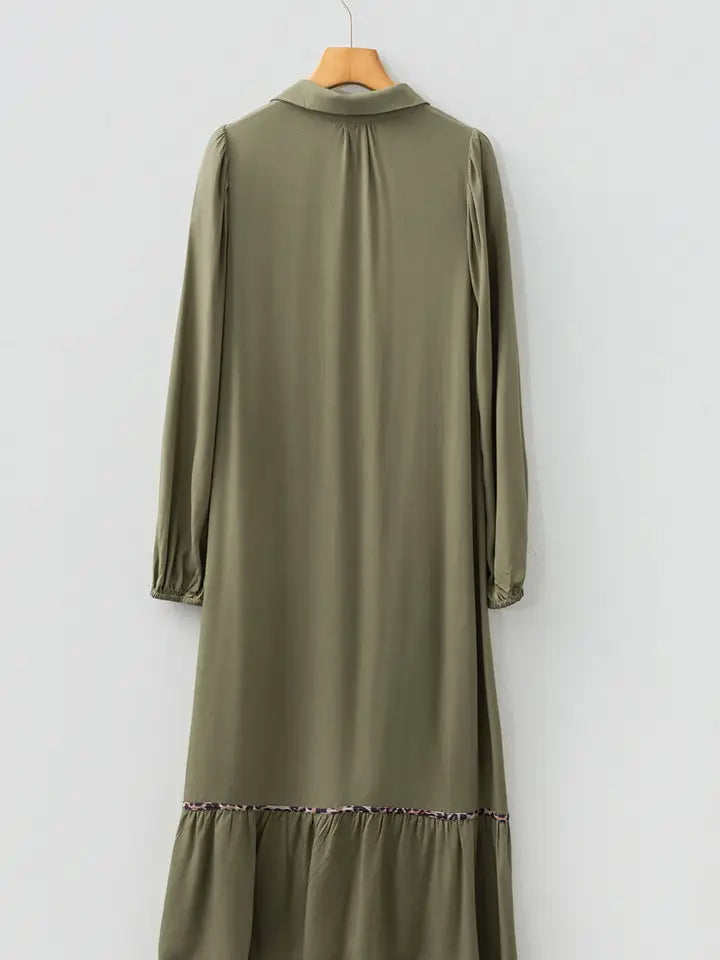 Leopard Trim Smocked V-Neck Midi Dress