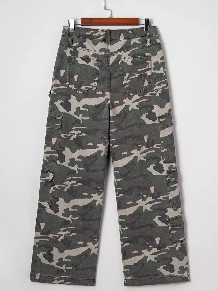 Camouflage Wide Leg Pockets Denim Pants