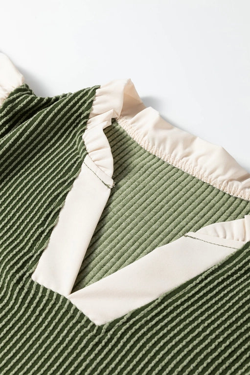 Plus Size Contrast Frilled Neckline Ribbed Textured Blouse