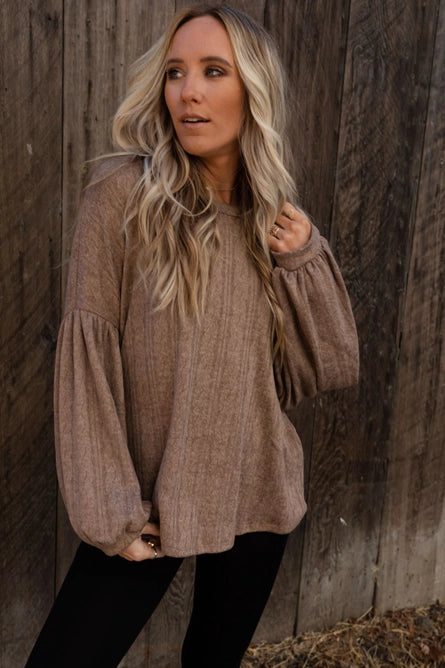 Sweet Heart Balloon Sleeve Knit Sweater - Mocha