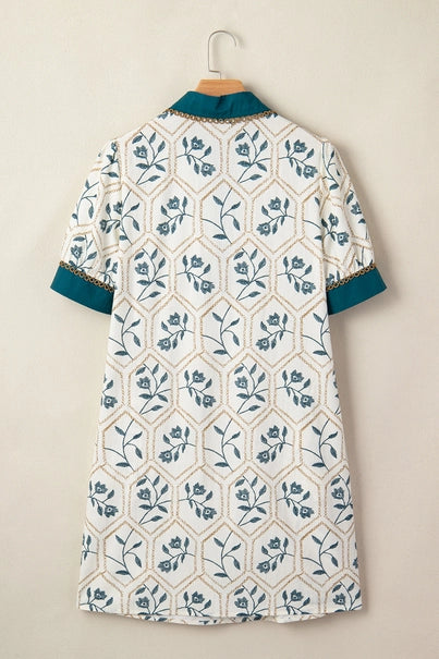 Floral Geometric Lace Trim Collared Dress