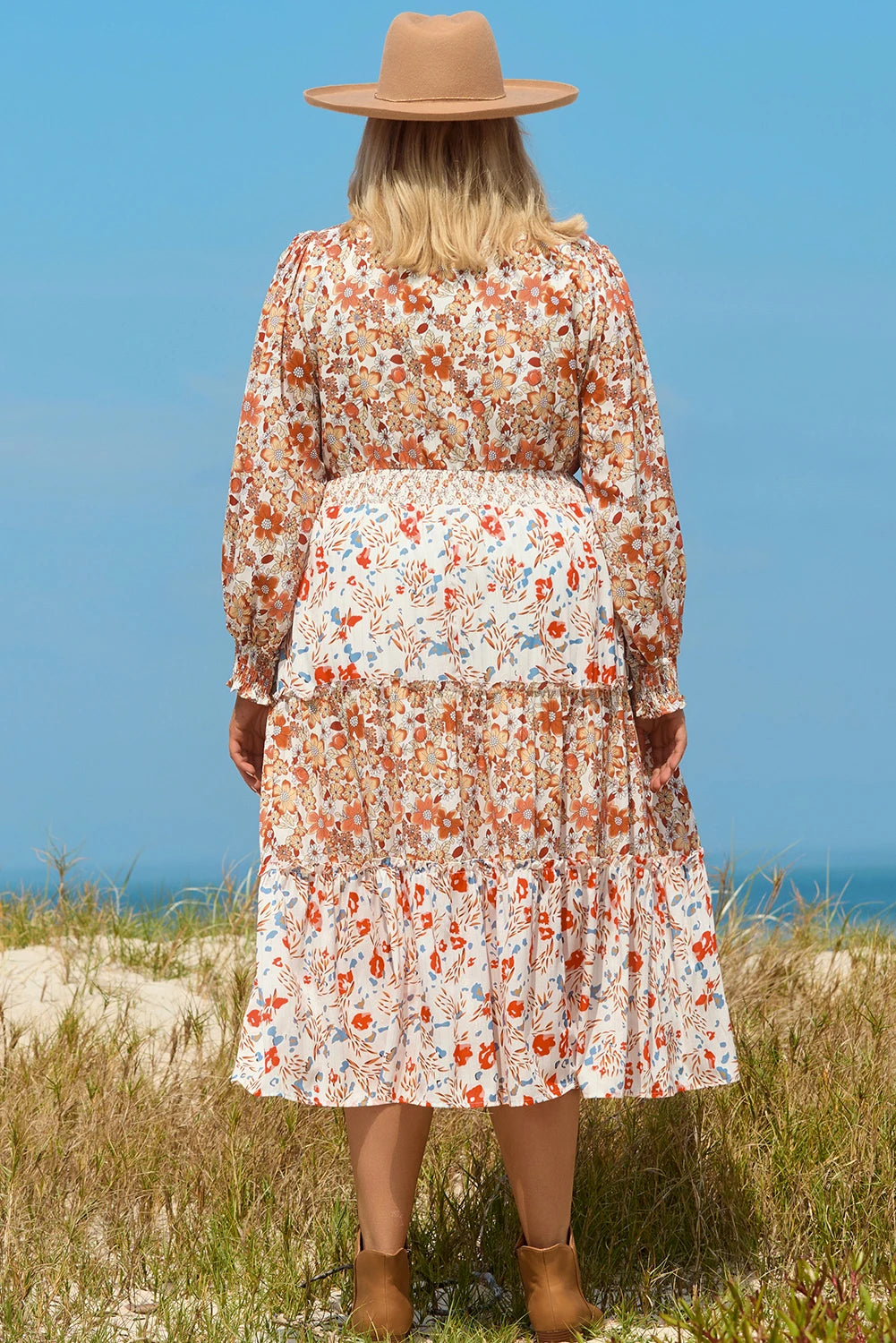 Khaki Floral Print Ruffled Tiered Long Sleeve V Neck Midi Dress