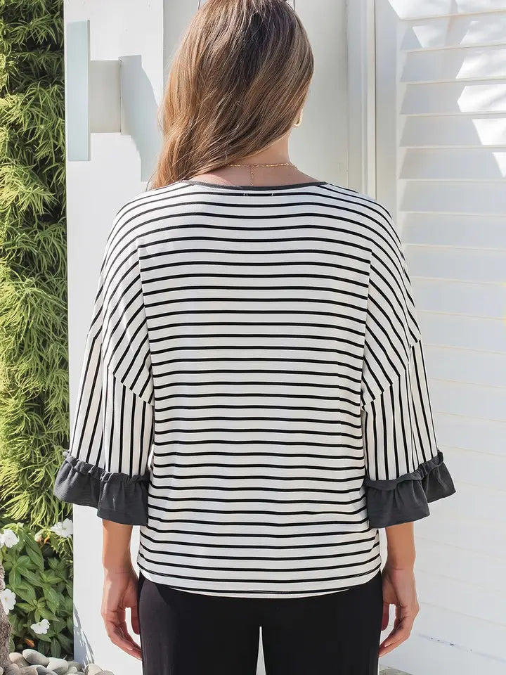 Striped V Neck Ruffle Contrast Sleeve Pants 2pcs Set