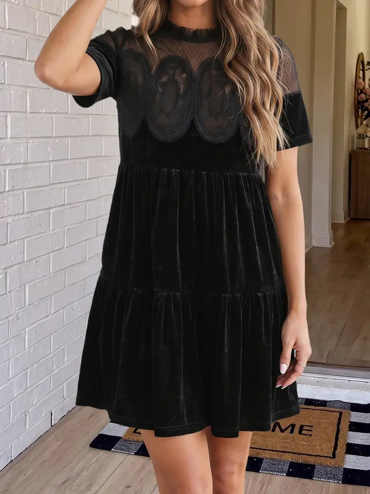 Solid Embroidered Mesh Patchwork Velvet Mini Dress