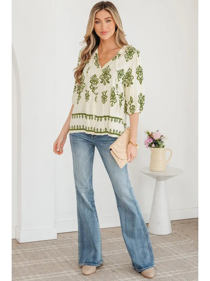 Boho Abstract Tie V-Neck Puff Sleeve Shirt
