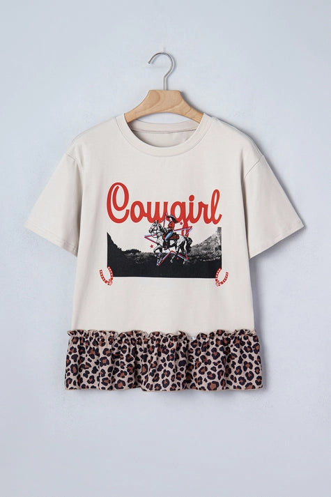 Cowgirl Leopard Patchwork Ruffle Hem Tee