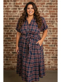 Plus Size Plaid V-Neck Belted Waist Maxi Dress