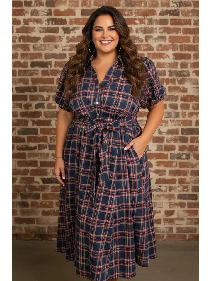 Plus Size Plaid V-Neck Belted Waist Maxi Dress