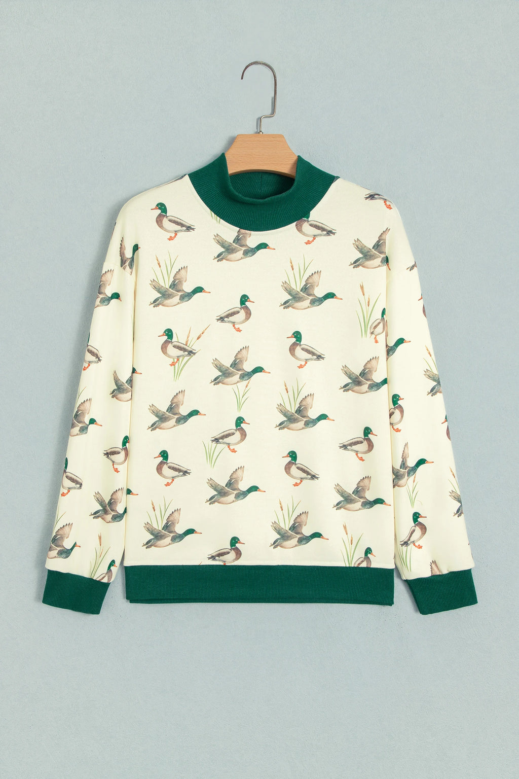 Mallard Print Patchwork Colorblock High Neck Sweatshirt