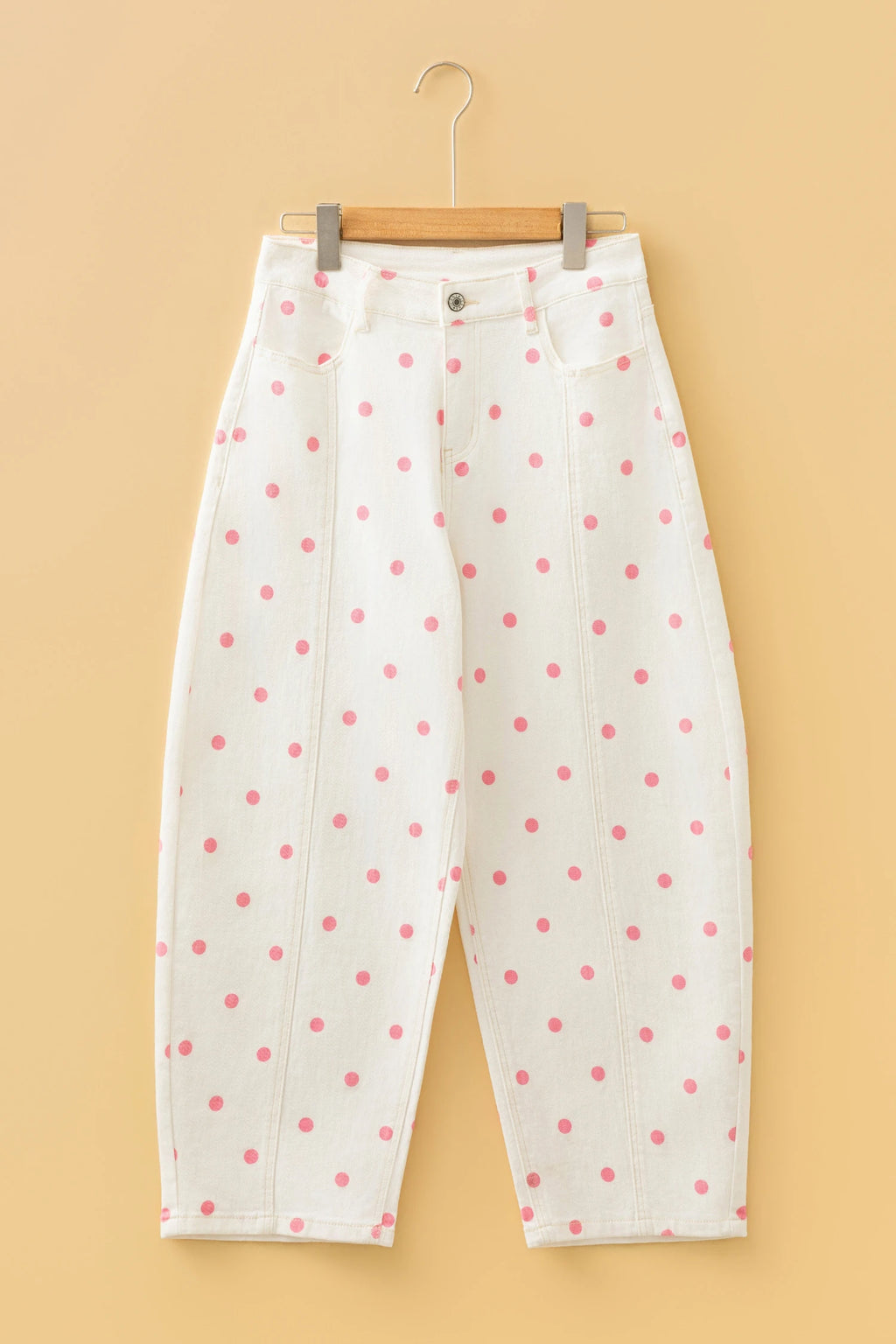 Pink Tailored Seam Polka Dot Print Barrel Casual Jeans