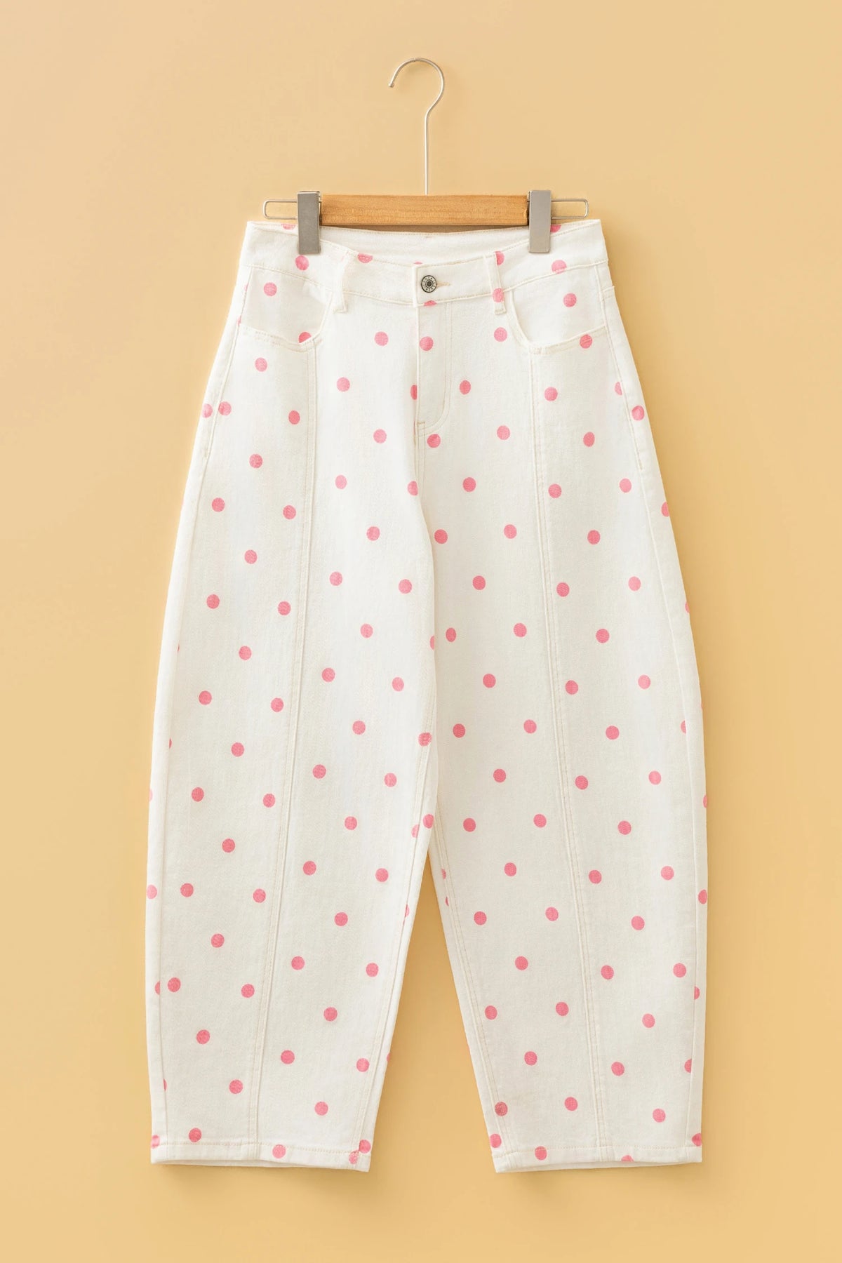 Pink Tailored Seam Polka Dot Print Barrel Casual Jeans