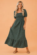 Plaid Square Neck Shirred Ruffle Hem Dress