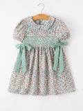Sage Green Bow Floral Smocked Girl Dress