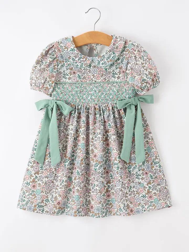 Sage Green Bow Floral Smocked Girl Dress